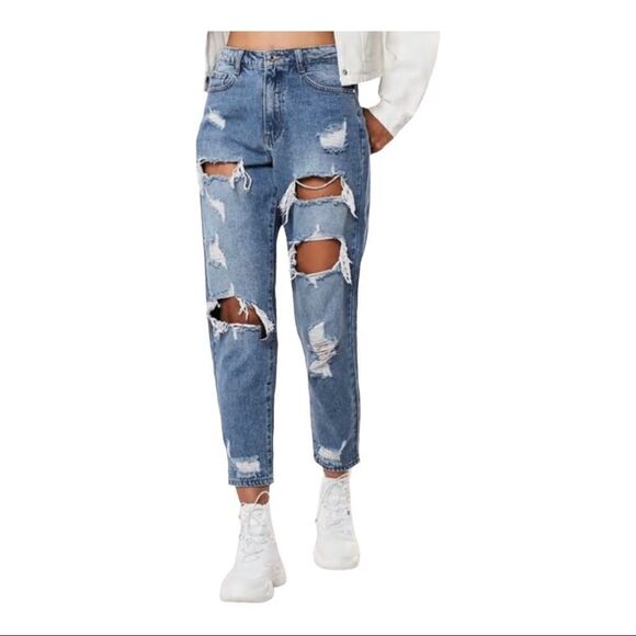 Missguided Petite Blue Riot Ripped Mom Jeans - Picture 2 of 9